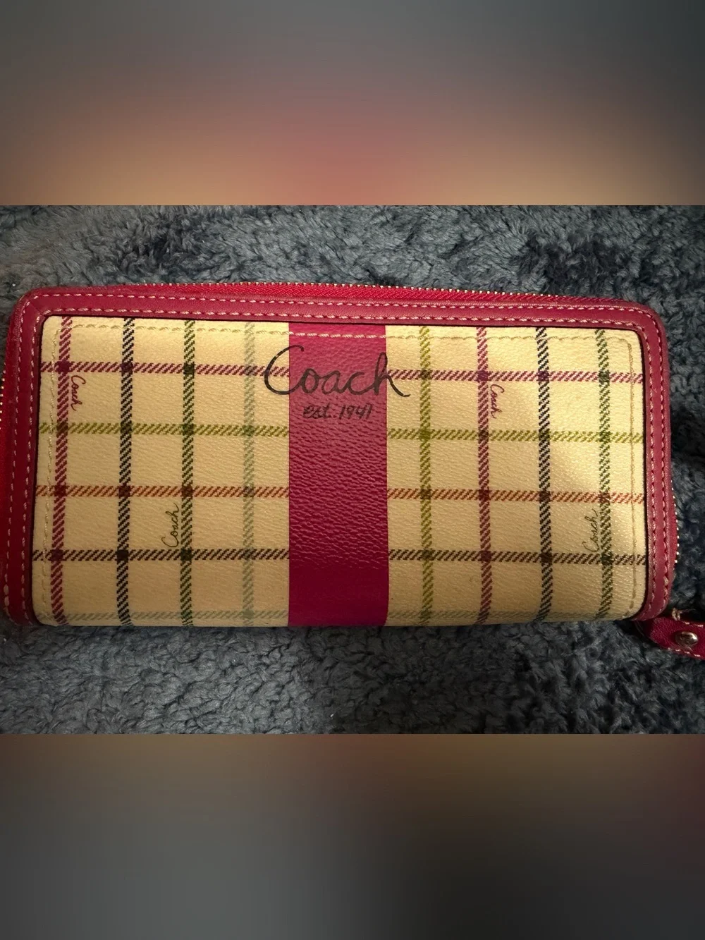 Coach Heritage Stripe Tattersall Plaid Accordion Zip Wallet,